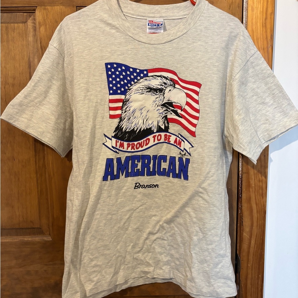 Hanes Gray T-Shirt with American Eagle and Flag Graphic Proud American